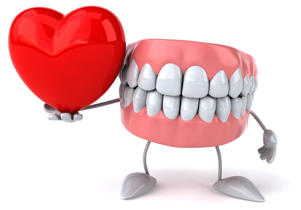 Illustration of set of healthy teeth with gums, hands, and feet holding a shiny red heart in right hand