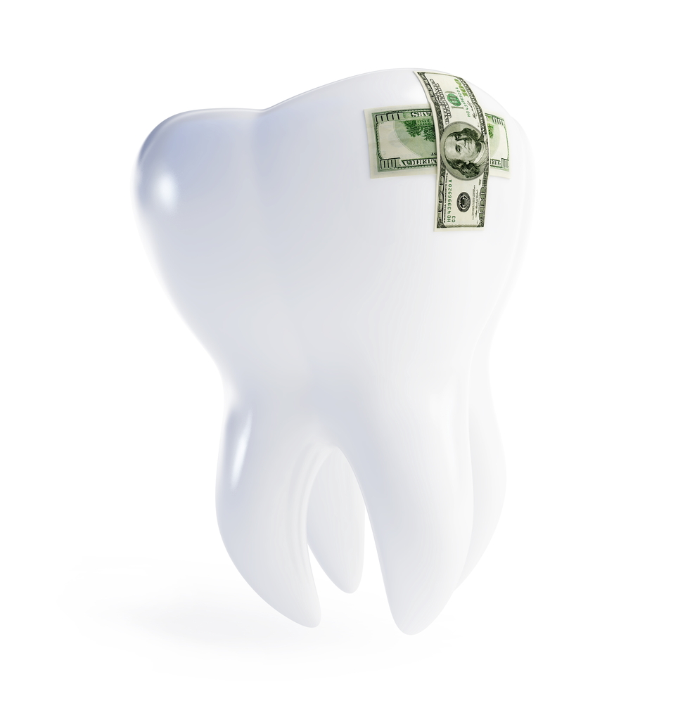 Illustration of white tooth with two one thousand dollar bills covering a damage to the tooth, dental costs concept