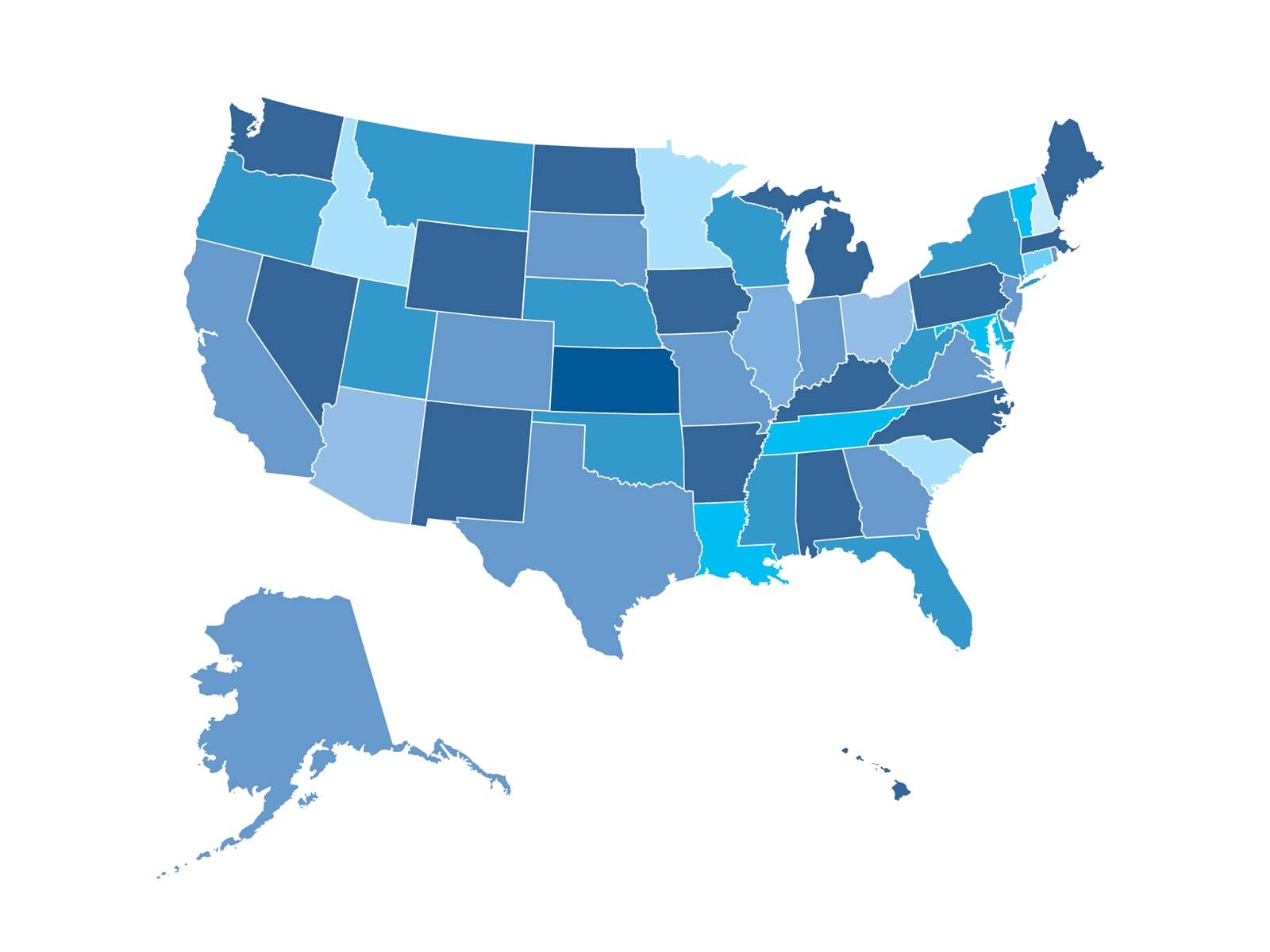 Illustration map of the United State of America in different shades of blue