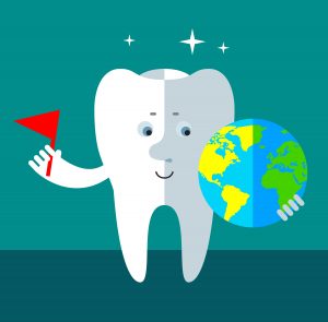 Smile Tooth putting flag to mark the globe. Flat style vector illustration 