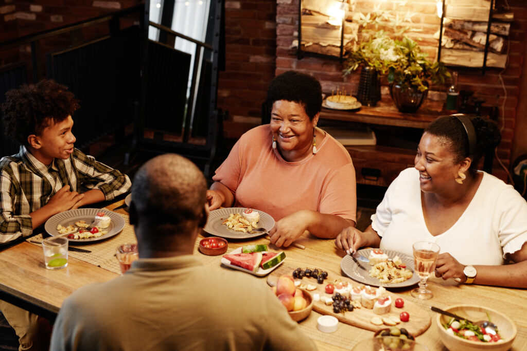 smiling woman at family dinner