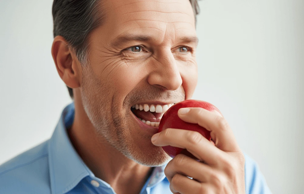 a man with strong teeth biting into an apple
