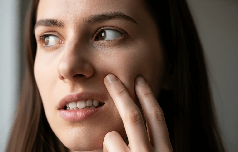 a woman with tooth sensitivity pressing her mouth