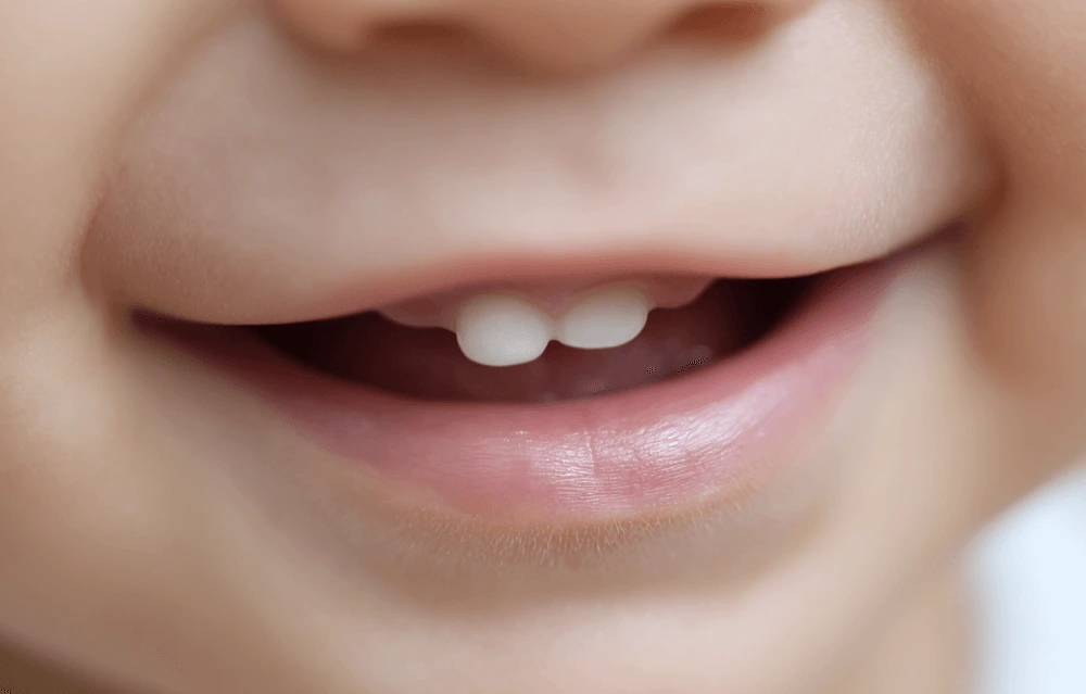 A closeup photograph of baby teeth