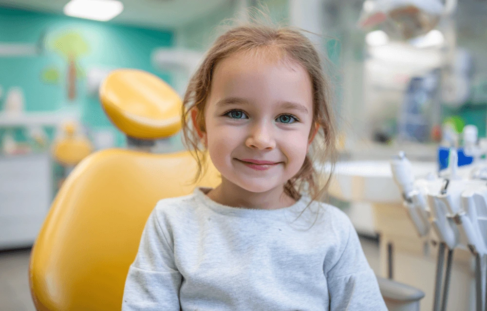A smiling child in a dentist's chair