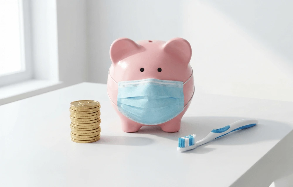 A piggy-bank wearing a medical mask, with a toothbrush laid beside it.
