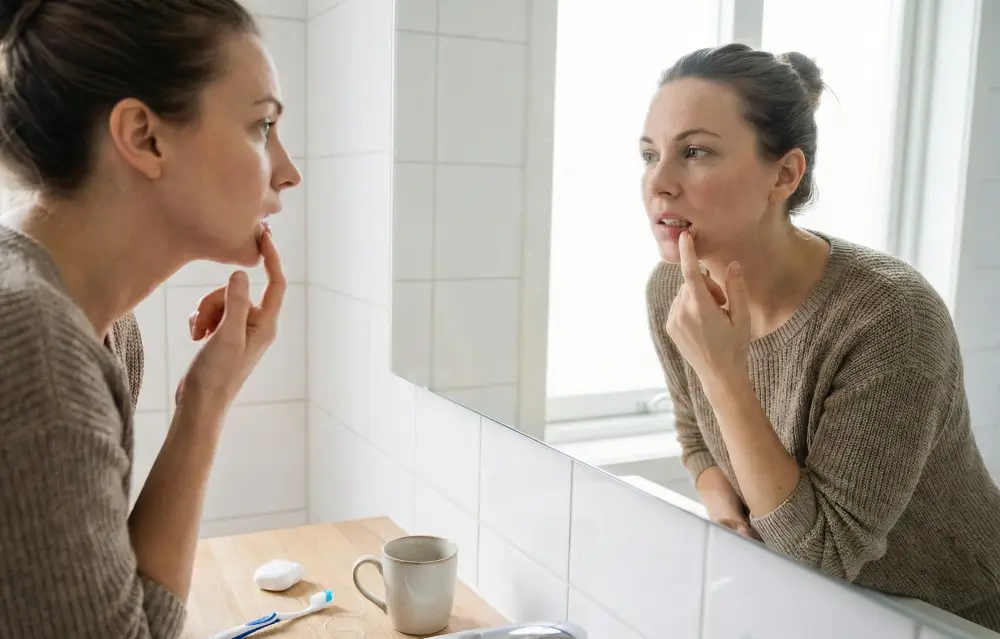 A women examining the condition of her teeth in the mirror